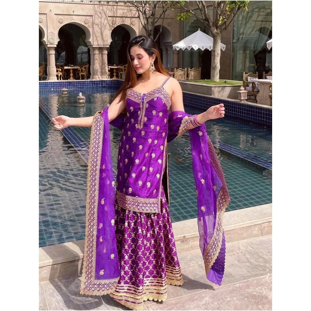 Gopi Vaid Marigold Brocade Purple Top with Sharara and Dupatta