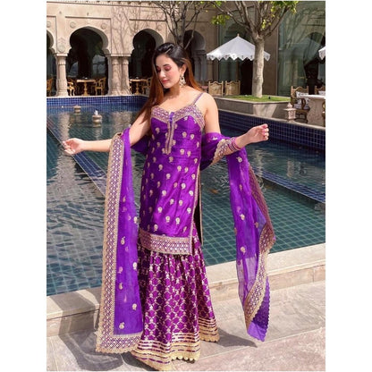 Gopi Vaid Marigold Brocade Purple Top with Sharara and Dupatta