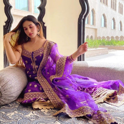 Gopi Vaid Marigold Brocade Purple Top with Sharara and Dupatta