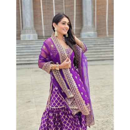 Gopi Vaid Marigold Brocade Purple Top with Sharara and Dupatta
