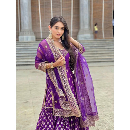 Gopi Vaid Marigold Brocade Purple Top with Sharara and Dupatta