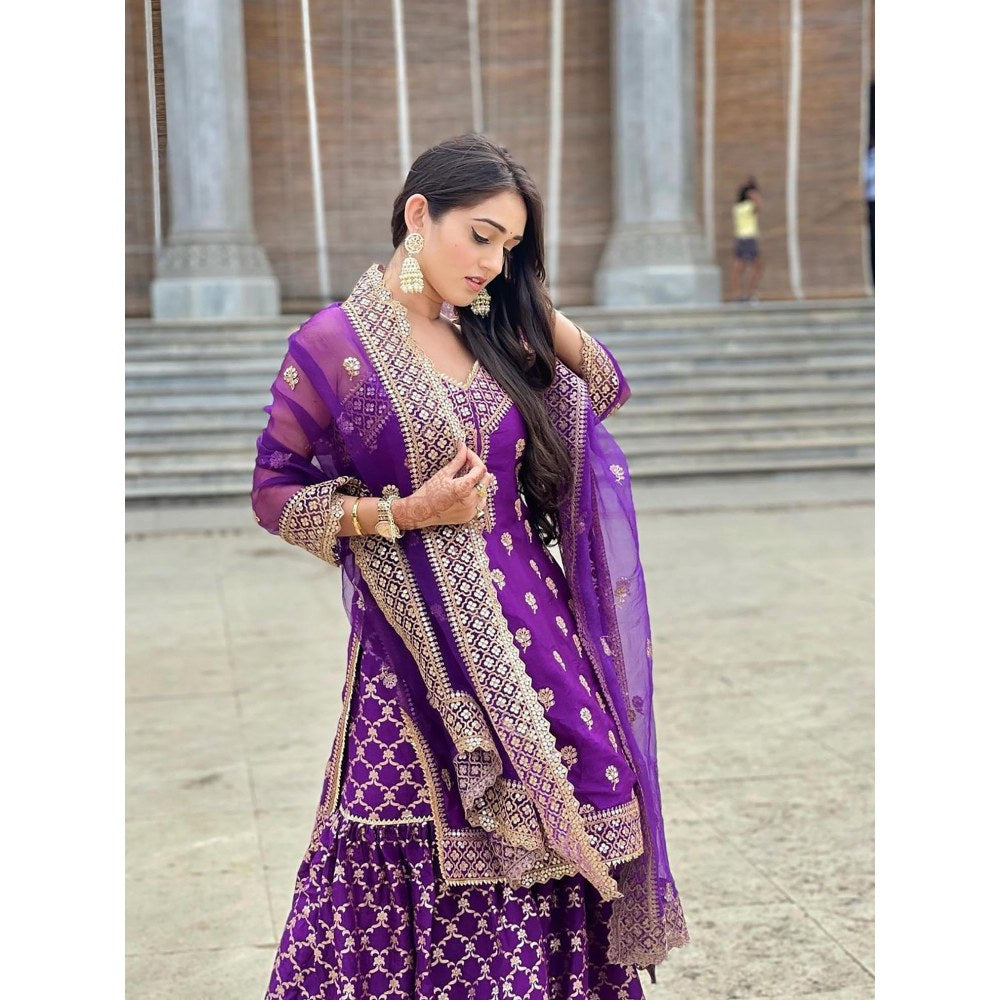 Gopi Vaid Marigold Brocade Purple Top with Sharara and Dupatta