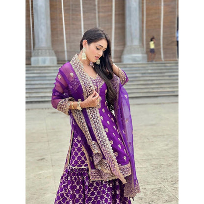 Gopi Vaid Marigold Brocade Purple Top with Sharara and Dupatta