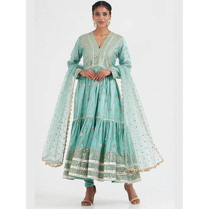Gopi Vaid Suhana Ag Tiered Aqua Anarkali Kurta with Churidar and Dupatta