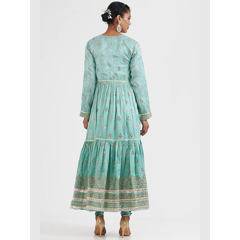Gopi Vaid Suhana Ag Tiered Aqua Anarkali Kurta with Churidar and Dupatta