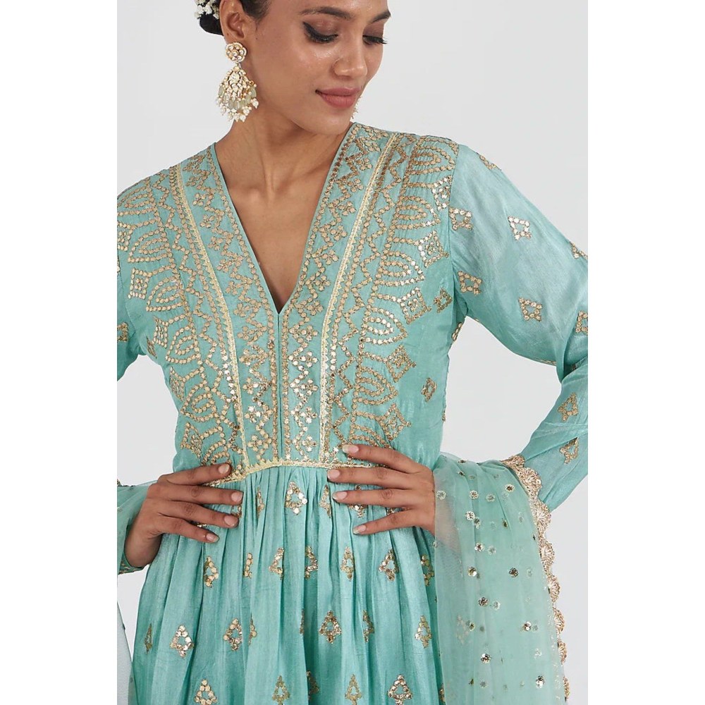 Gopi Vaid Suhana Ag Tiered Aqua Anarkali Kurta with Churidar and Dupatta