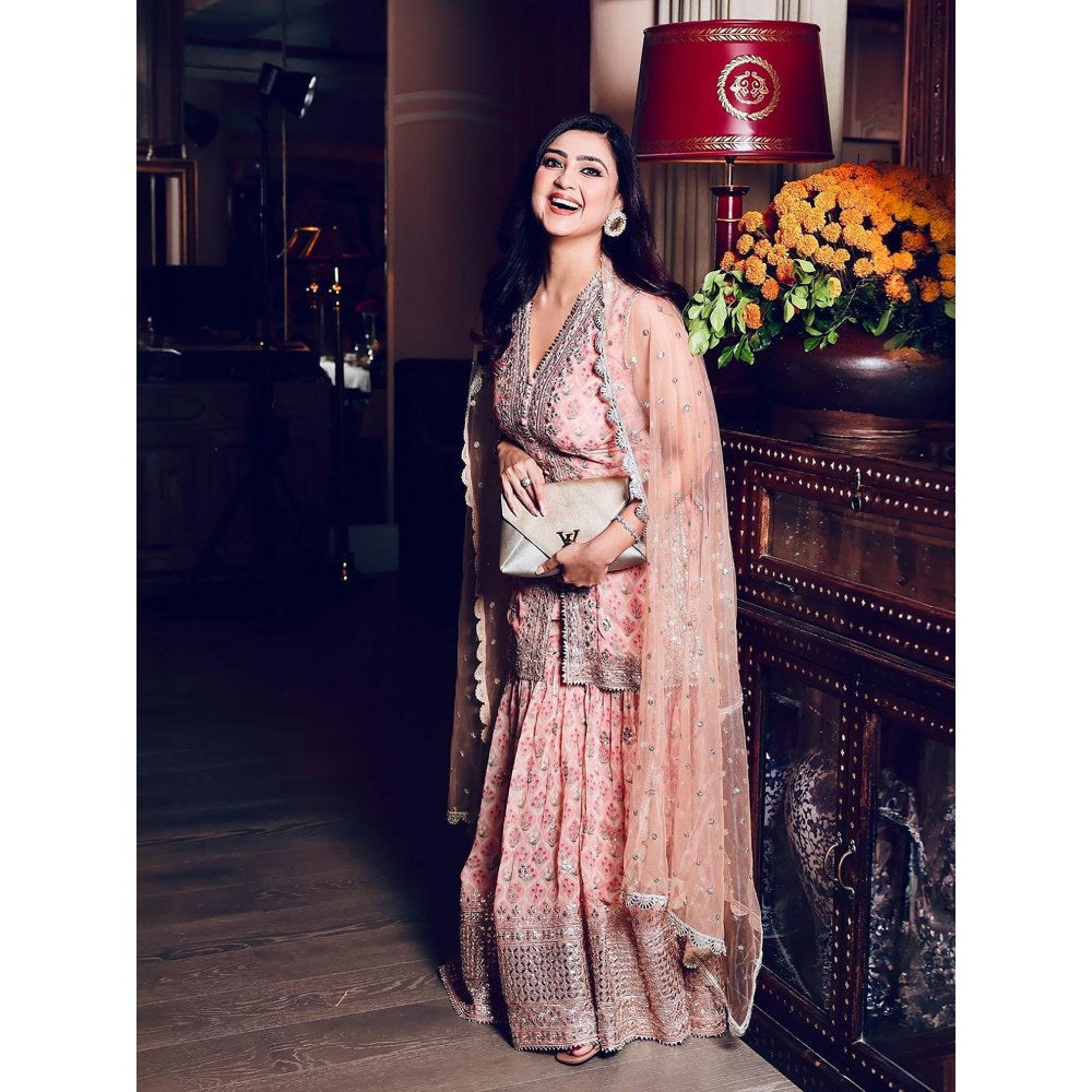 Gopi Vaid Nusrat Sleeveless Pink Kurta with Sharara and Dupatta