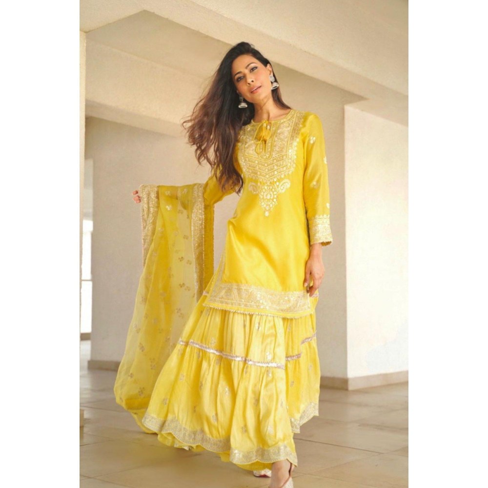 Gopi Vaid Rati Yellow Kurta with Sharara and Dupatta