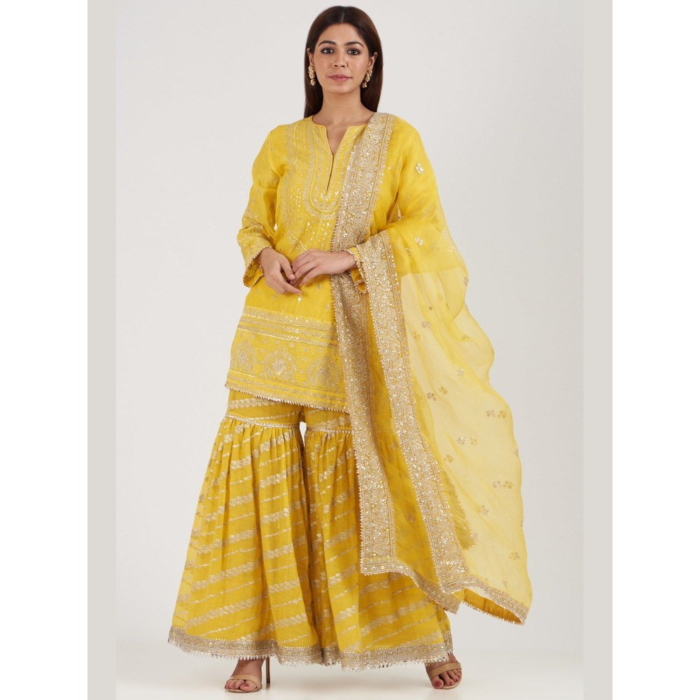 Gopi Vaid Rati with Jamdani Yellow Kurta with Sharara and Dupatta