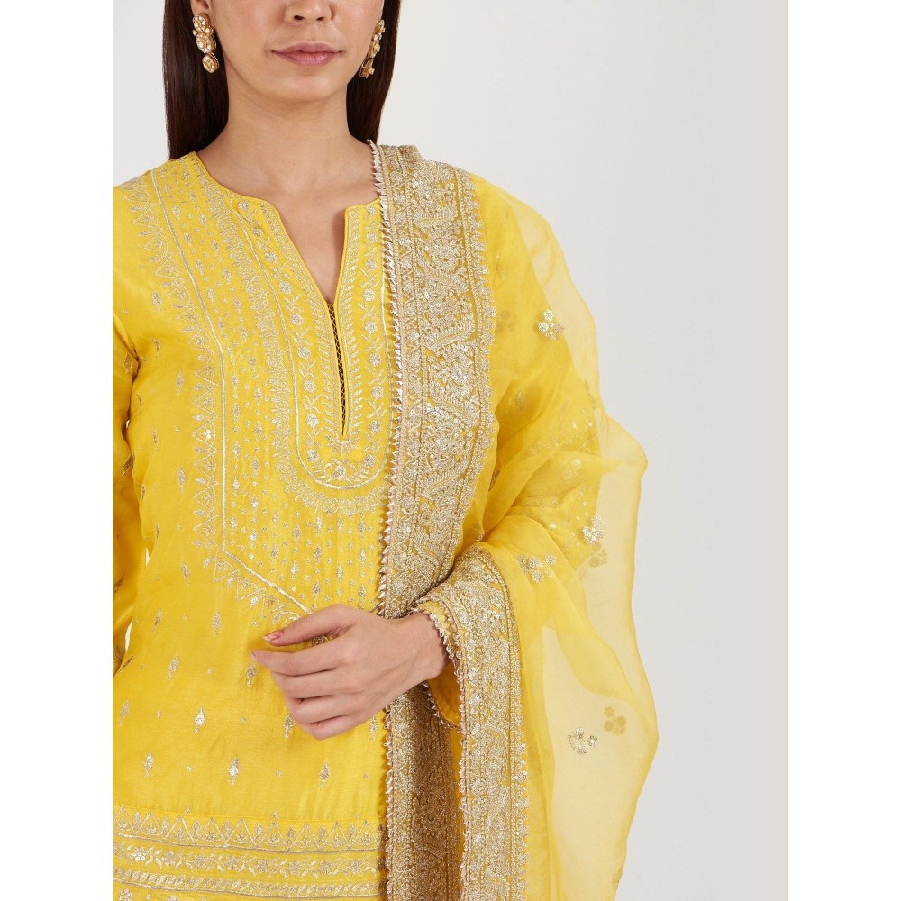 Gopi Vaid Rati with Jamdani Yellow Kurta with Sharara and Dupatta