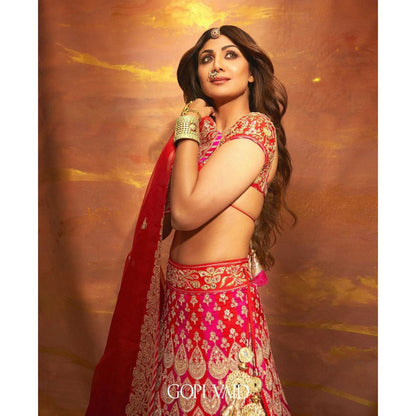 Gopi Vaid Shilpa Shetty Golconda Pink Skirt with Blouse and Dupatta