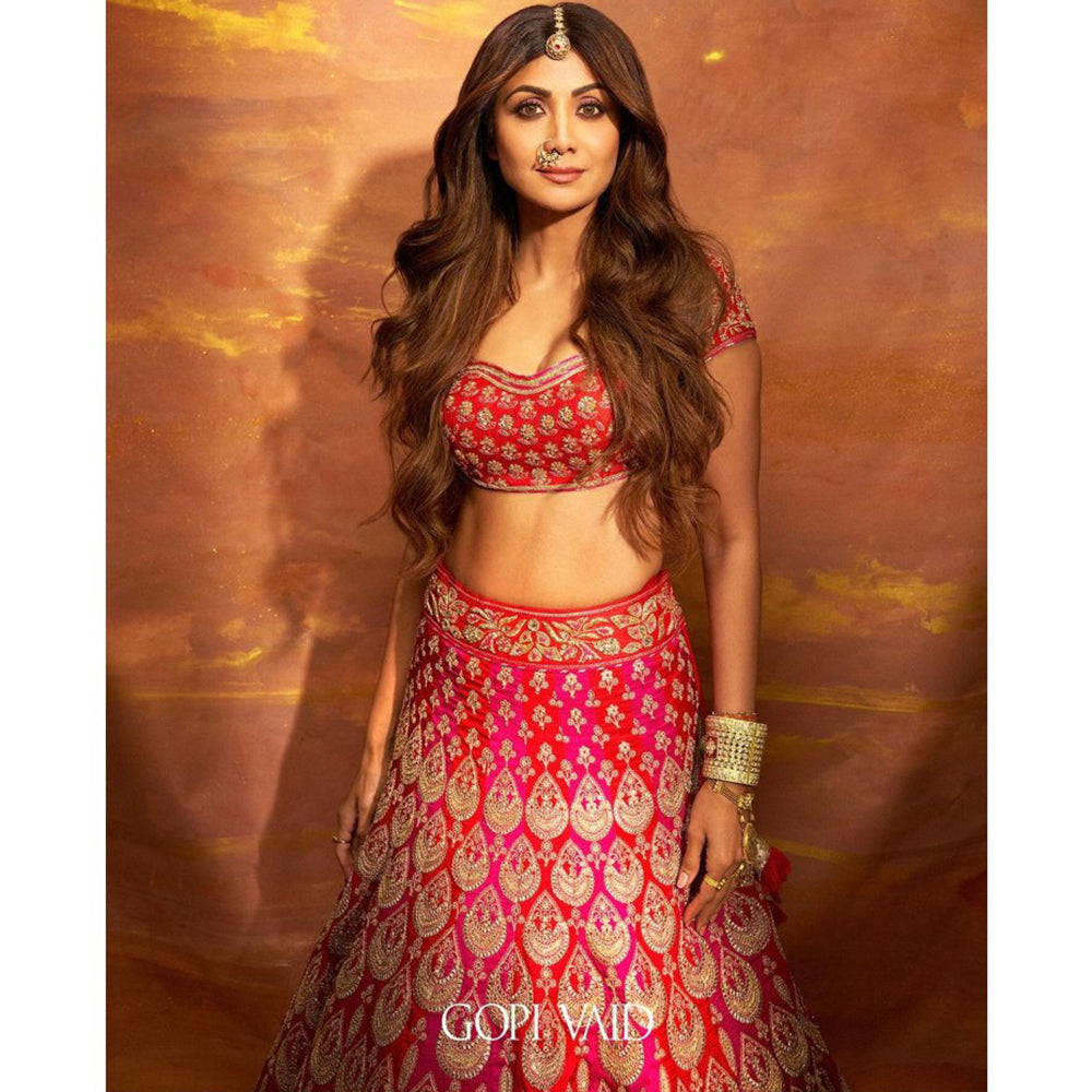 Gopi Vaid Shilpa Shetty Golconda Pink Skirt with Blouse and Dupatta