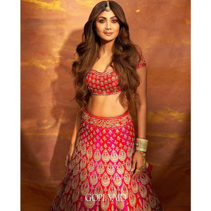 Gopi Vaid Shilpa Shetty Golconda Pink Skirt with Blouse and Dupatta