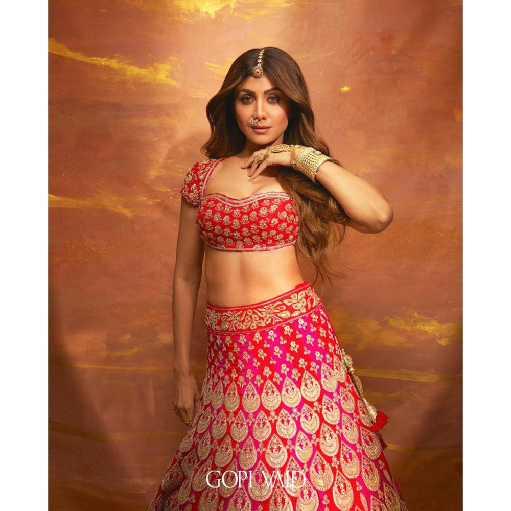 Gopi Vaid Shilpa Shetty Golconda Pink Skirt with Blouse and Dupatta