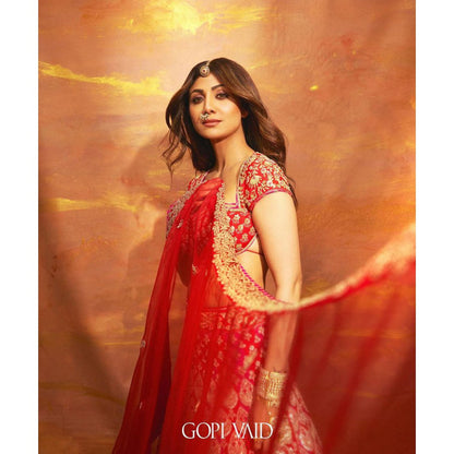 Gopi Vaid Shilpa Shetty Golconda Pink Skirt with Blouse and Dupatta