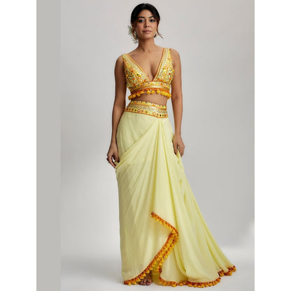 Gopi Vaid Ruhi Yellow Drape Blouse with Skirt