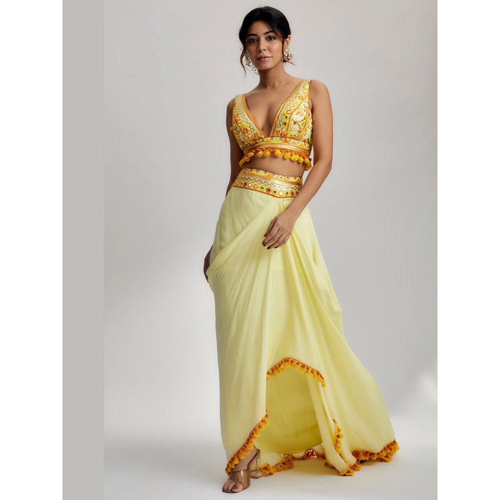 Gopi Vaid Ruhi Yellow Drape Blouse with Skirt