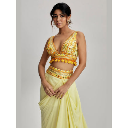 Gopi Vaid Ruhi Yellow Drape Blouse with Skirt