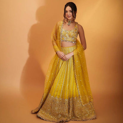 Gopi Vaid Ishika Yellow Skirt with Blouse and Dupatta
