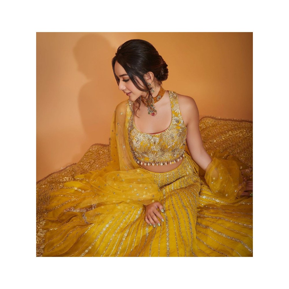 Gopi Vaid Ishika Yellow Skirt with Blouse and Dupatta