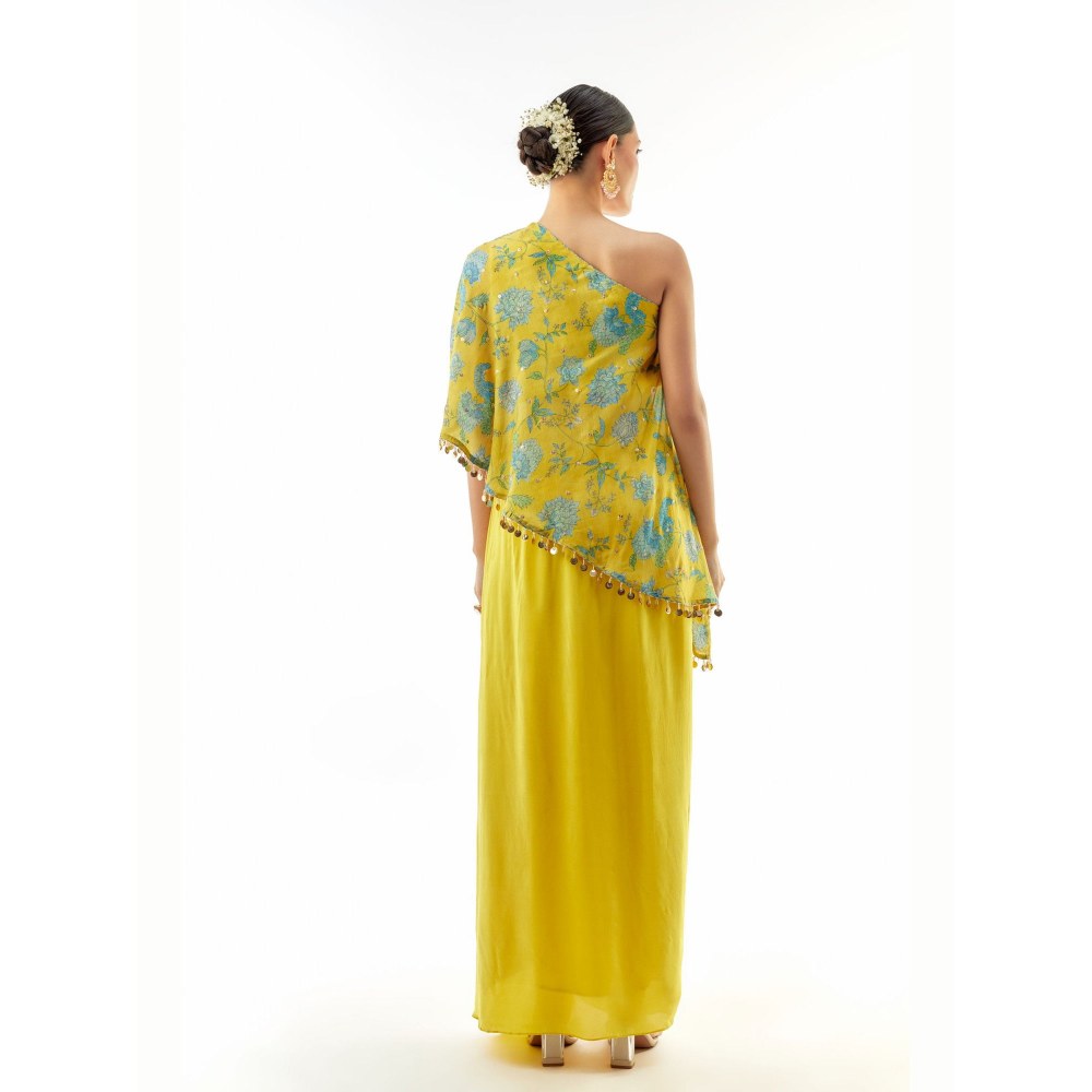 Gopi Vaid Vaishnavi Yellow One-Shoulder Top with Skirt