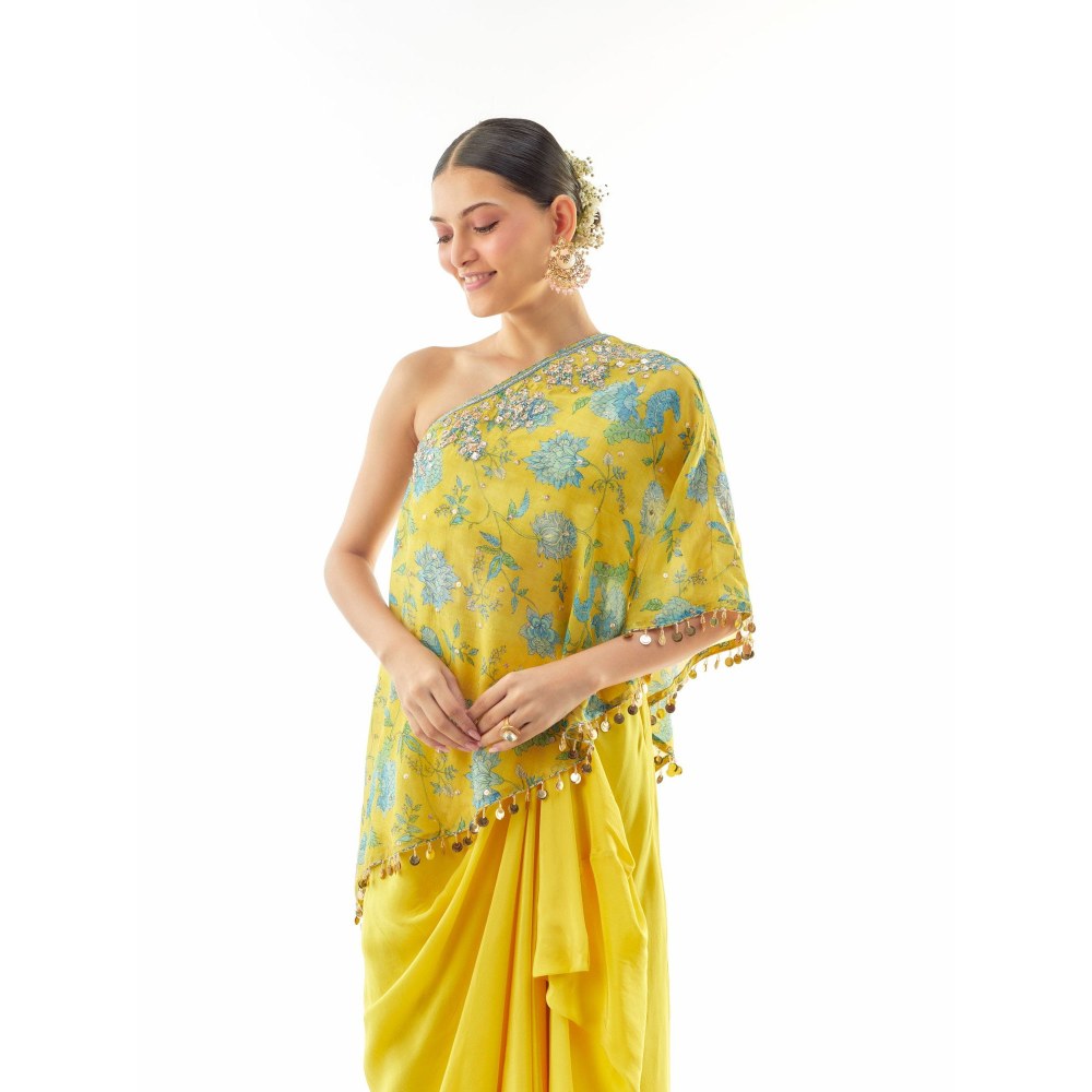 Gopi Vaid Vaishnavi Yellow One-Shoulder Top with Skirt