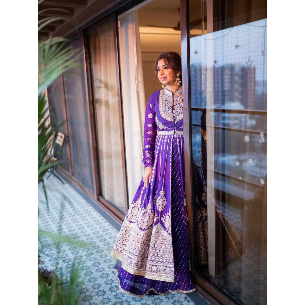 Gopi Vaid Saira Purple Shreya Ghoshal Skirt with Blouse and Jacket