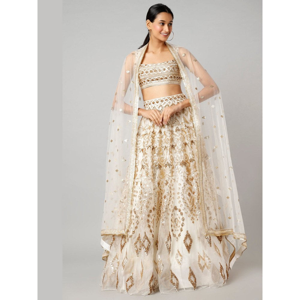Gopi Vaid Meknis Ivory Skirt with Blouse and Dupatta