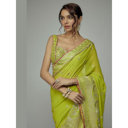 Gopi Vaid Green Golconda Imroz Wrap Pre-Draped Saree with Stitched Blouse