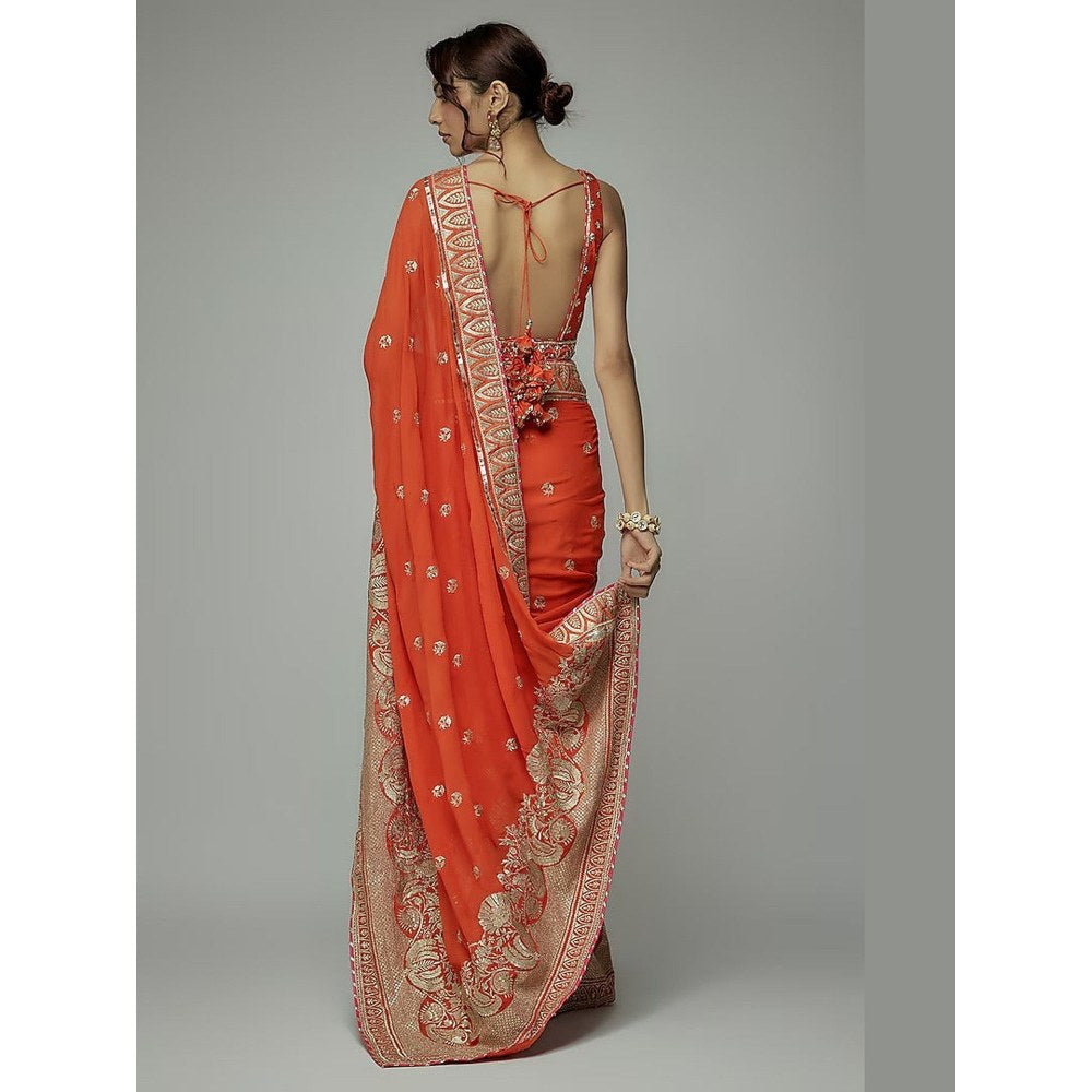 Gopi Vaid Orange Golconda Imroz Wrap Pre-Draped Saree with Stitched Blouse