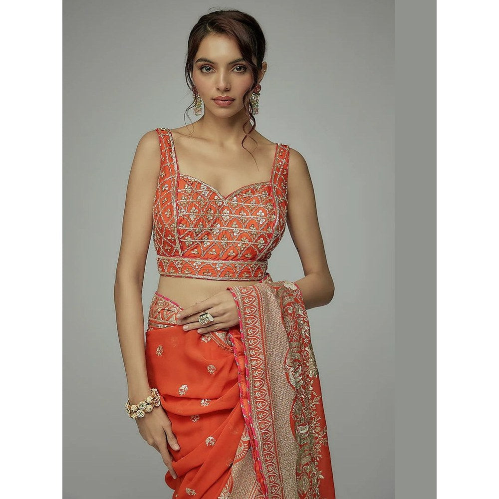 Gopi Vaid Orange Golconda Imroz Wrap Pre-Draped Saree with Stitched Blouse