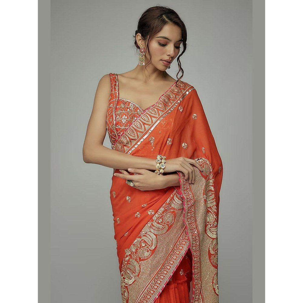 Gopi Vaid Orange Golconda Imroz Wrap Pre-Draped Saree with Stitched Blouse