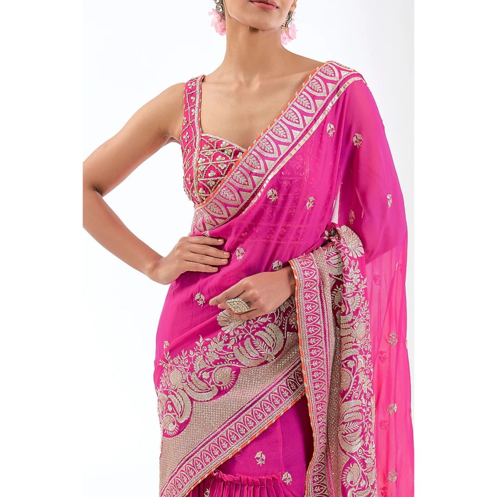 Gopi Vaid Pink Golconda Imroz Wrap Pre-Draped Saree with Stitched Blouse