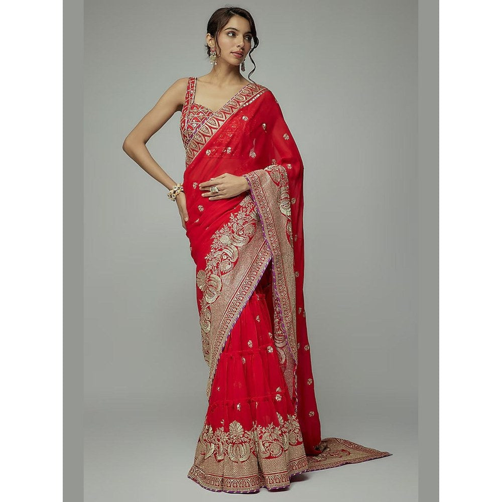 Gopi Vaid Red Golconda Imroz Wrap Pre-Draped Saree with Stitched Blouse
