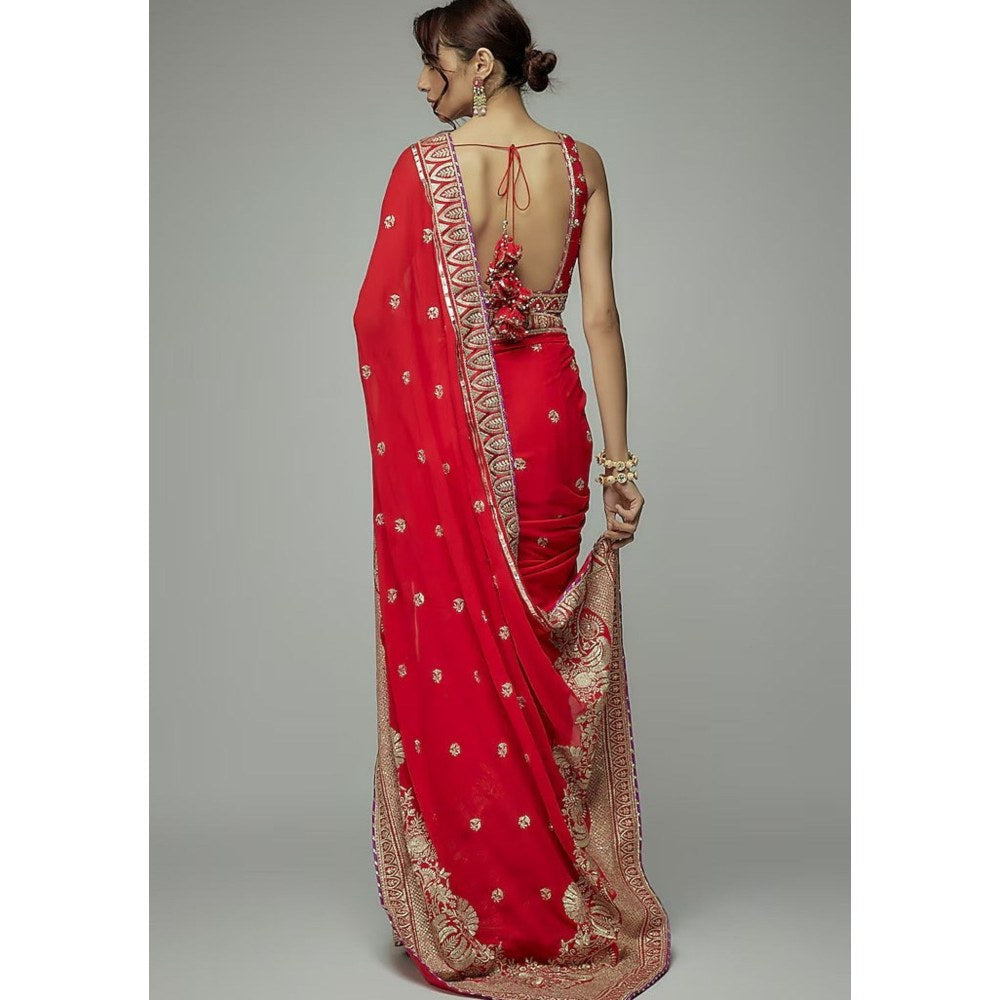 Gopi Vaid Red Golconda Imroz Wrap Pre-Draped Saree with Stitched Blouse