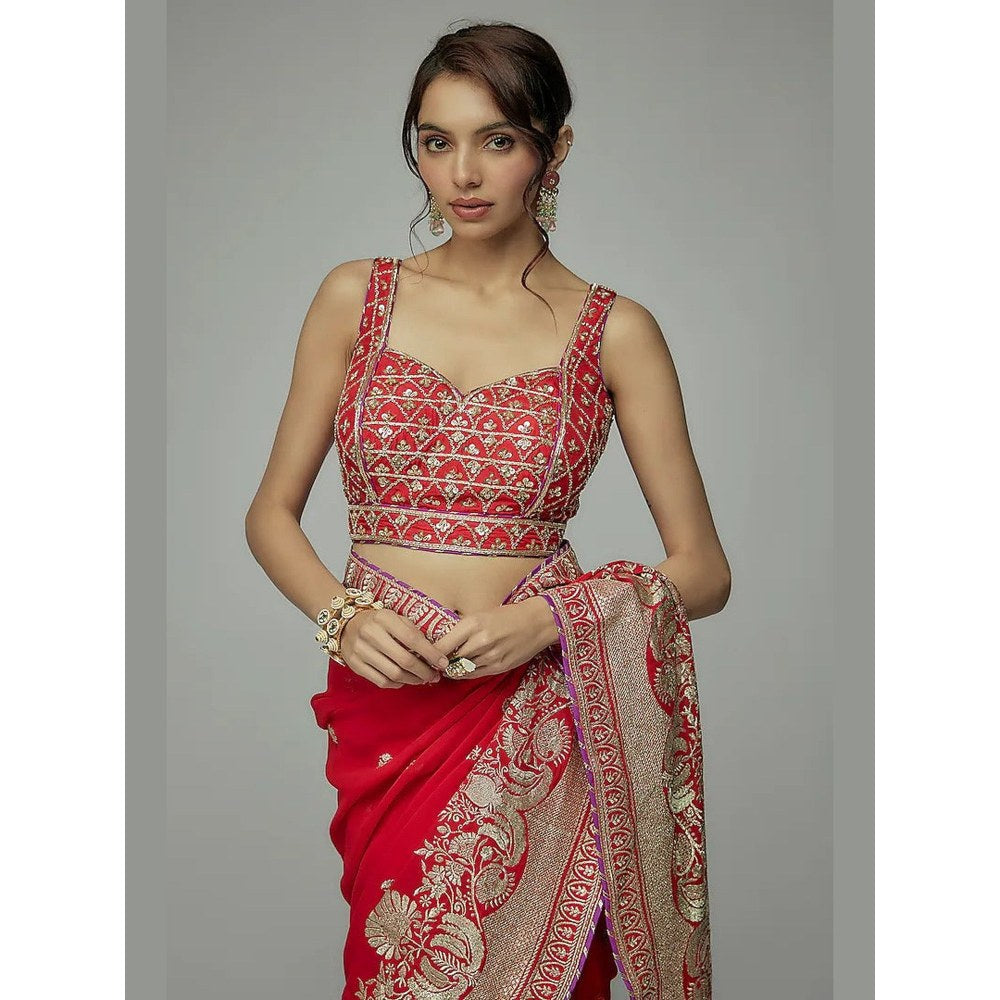 Gopi Vaid Red Golconda Imroz Wrap Pre-Draped Saree with Stitched Blouse