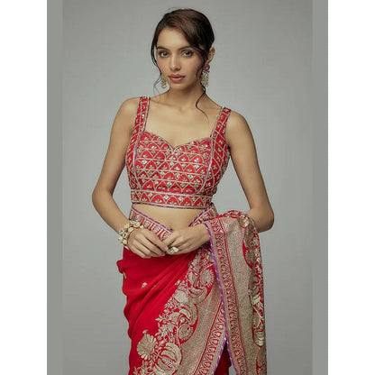 Gopi Vaid Red Golconda Imroz Wrap Pre-Draped Saree with Stitched Blouse