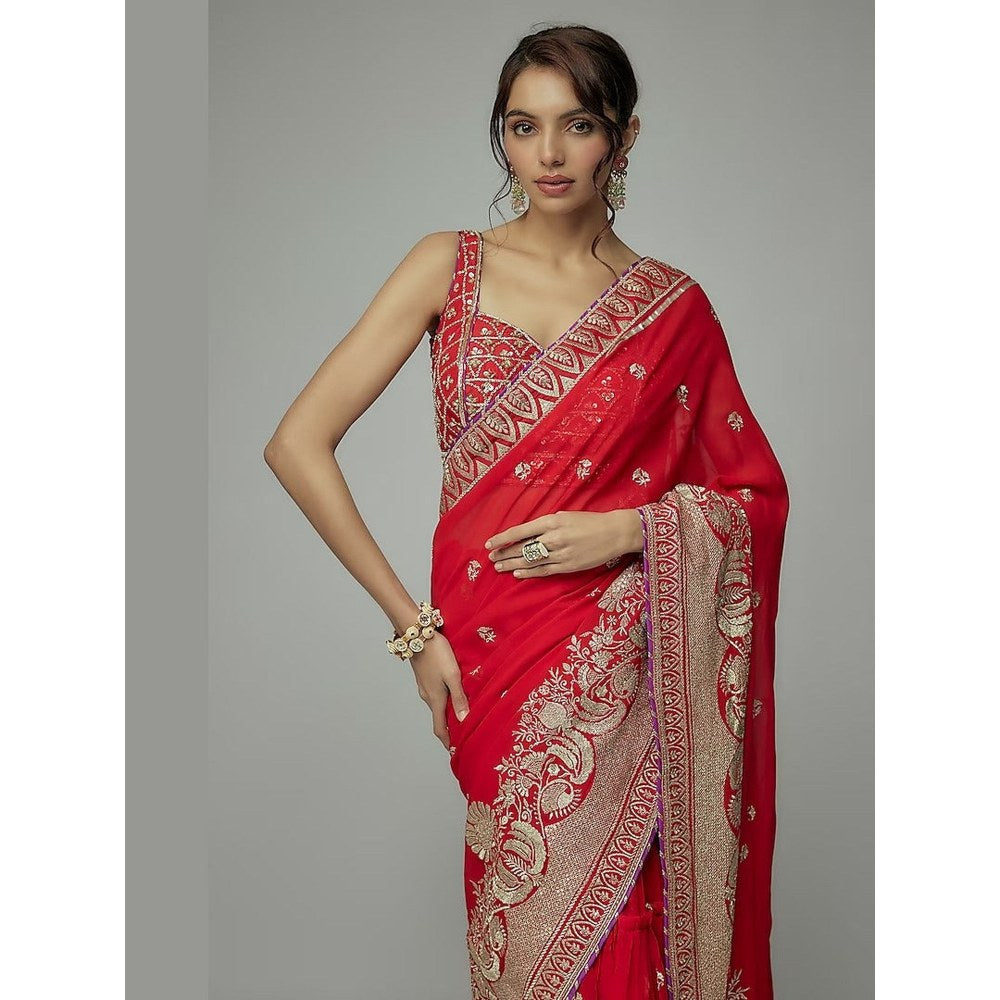 Gopi Vaid Red Golconda Imroz Wrap Pre-Draped Saree with Stitched Blouse