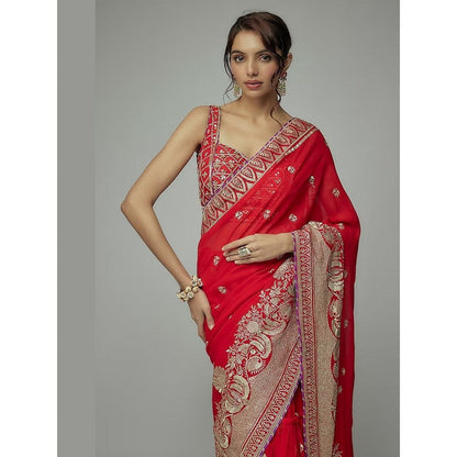 Gopi Vaid Red Golconda Imroz Wrap Pre-Draped Saree with Stitched Blouse