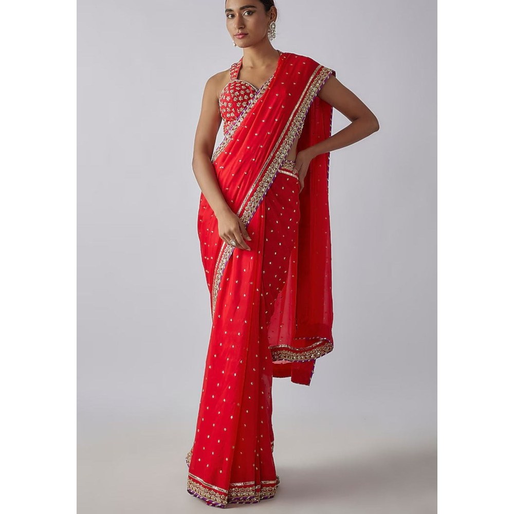 Gopi Vaid Red Golconda Uzvi Saree with Stitched Blouse
