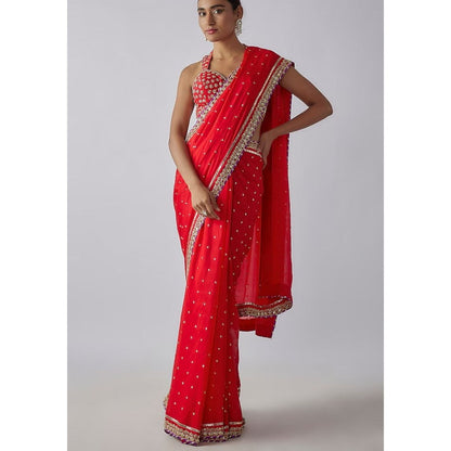 Gopi Vaid Red Golconda Uzvi Saree with Stitched Blouse