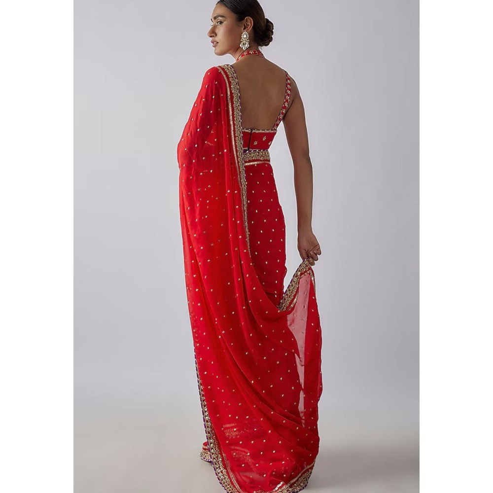 Gopi Vaid Red Golconda Uzvi Saree with Stitched Blouse