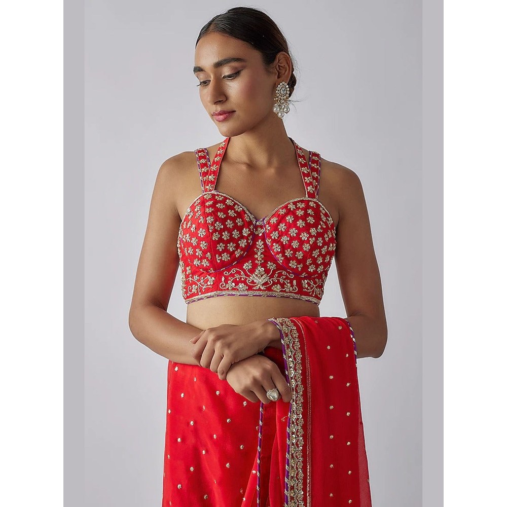 Gopi Vaid Red Golconda Uzvi Saree with Stitched Blouse