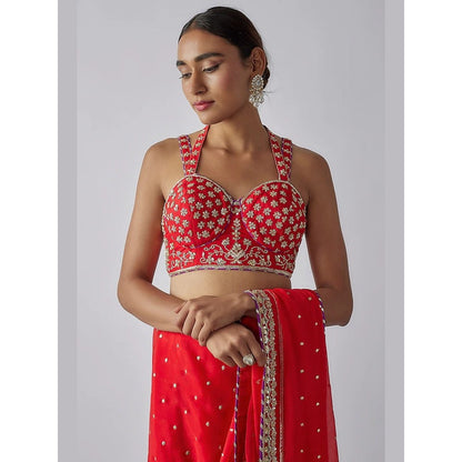 Gopi Vaid Red Golconda Uzvi Saree with Stitched Blouse