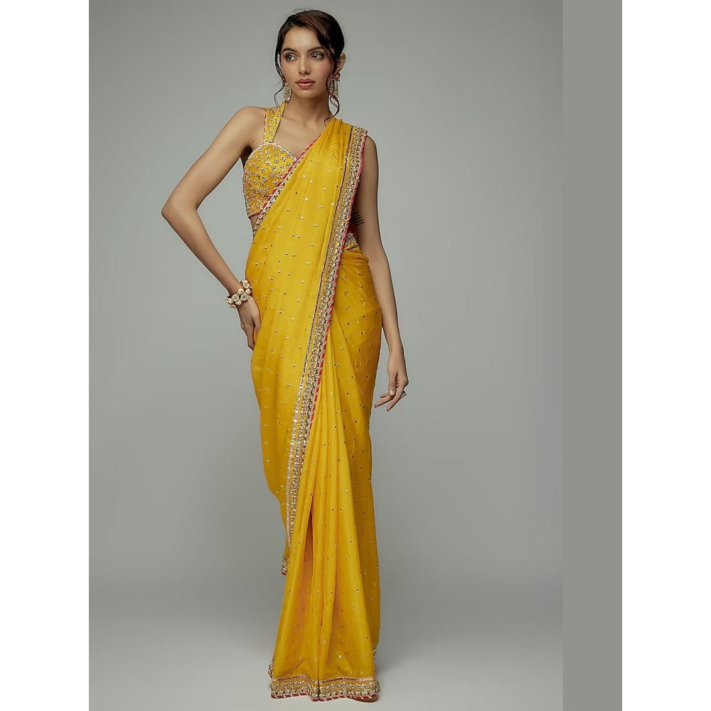 Gopi Vaid Yellow Golconda Uzvi Embroidered Saree with Stitched Blouse