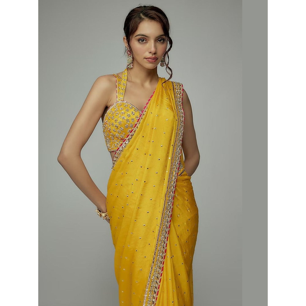 Gopi Vaid Yellow Golconda Uzvi Embroidered Saree with Stitched Blouse
