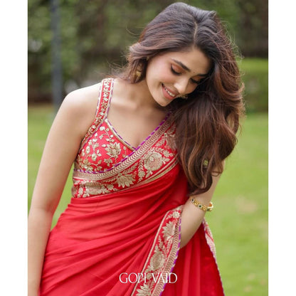 Gopi Vaid Red Krithi Shetty In Golconda Vidhi Saree with Stitched Blouse