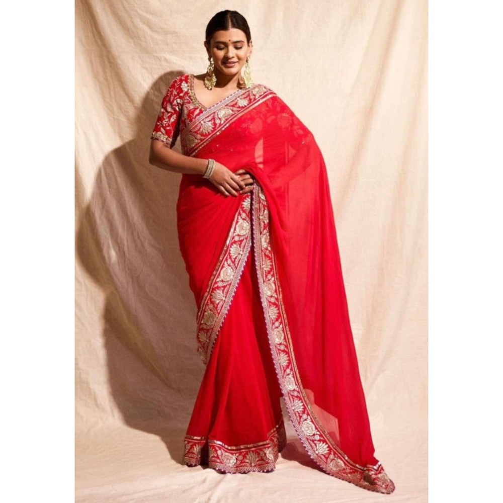 Gopi Vaid Red Golconda Vidhie Saree with Stitched Blouse