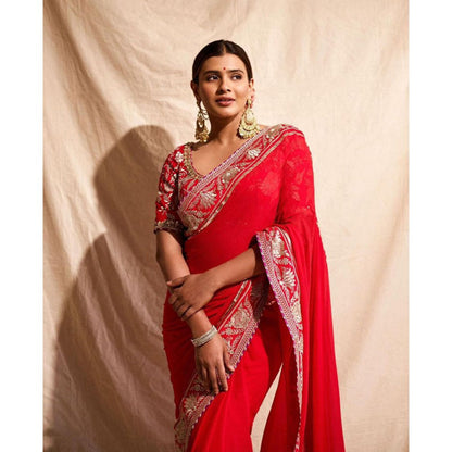 Gopi Vaid Red Golconda Vidhie Saree with Stitched Blouse