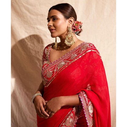 Gopi Vaid Red Golconda Vidhie Saree with Stitched Blouse